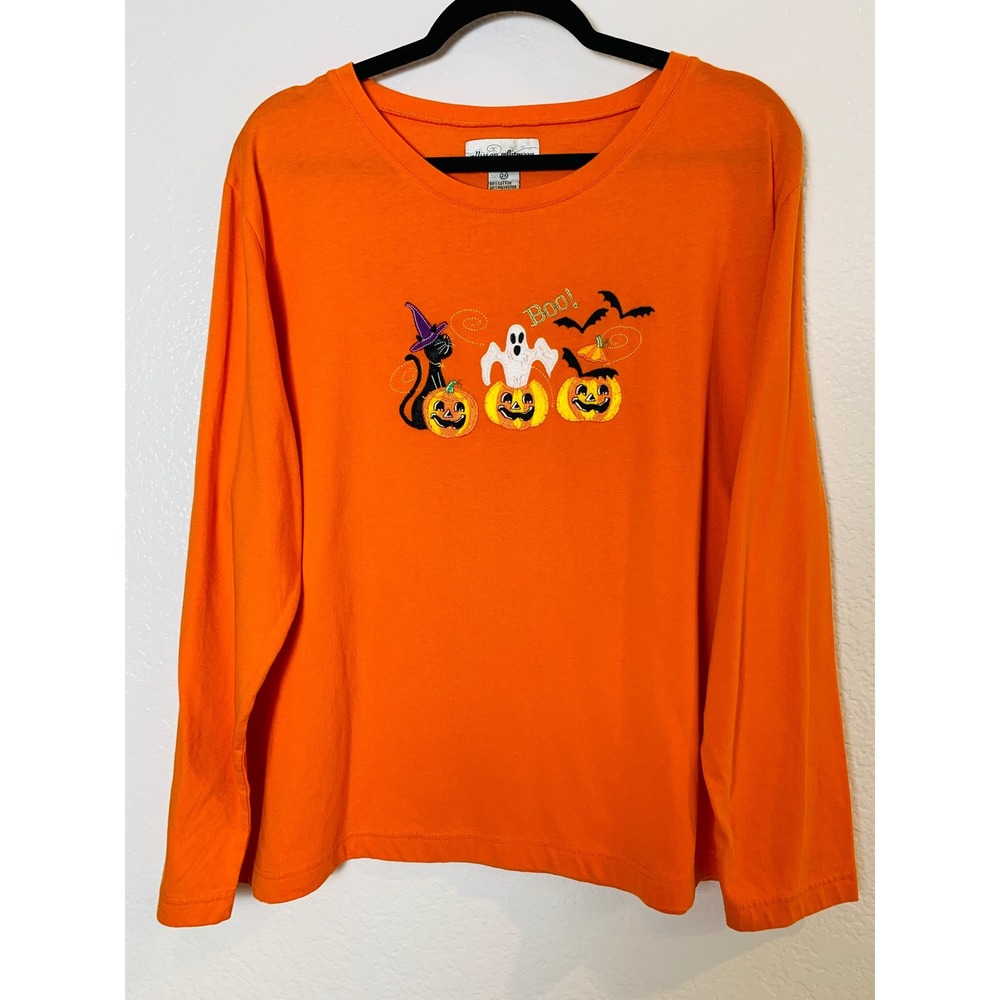 Allyson Whitmore Halloween Shirt Women 2X Orange Embroidered Cat Ghost Pumpkin